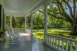 A large front porch with white railings and rocking chairs, overlooking the lush green lawn Generative AI