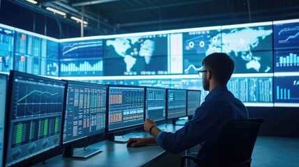 Wall Mural - Portrait of professional project manager checking and looking at monitor by using AI or innovation technology. Logistic engineer inspecting and planning strategy while sitting at camera room. AIG42.