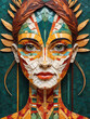 portrait of a futuristic female face adorned with many colored tiles with an original headdress