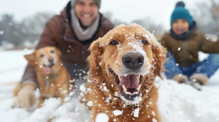 Poster - Dog play with kid in snow field in winter