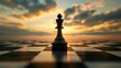 © Pual GotoMars - A chess king stands alone on a chessboard at sunset.