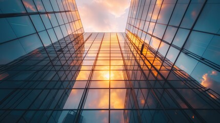 Modern office architectural building with glass window reflected with orange sunlight. Corporate building financial skyscraper office building construction with evening sky with orange sun ray. AIG42.