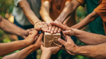 A group of diverse hands holding a small wrapped gift box in the center.