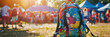 A colorful school backpack with the sun shining on it. sitting in front of an outdoor event where people gather for fun activities and games