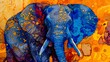 Alcohol ink painting of a majestic elephant, with vibrant splashes of royal blue and sunset orange