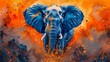 Alcohol ink painting of a majestic elephant, with vibrant splashes of royal blue and sunset orange