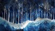 alcohol ink, depicting an ethereal forest scene with ghostly white trees against a background of deep indigo and silver swirls