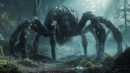 a giant spider crawling through a forest filled with lots of trees and grass