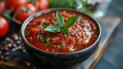 Wall Mural - a bowl of tomato sauce with basil on top of it