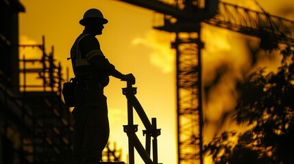 Wall Mural - a construction worker standing on a scaffold in front of a building under construction at sunset