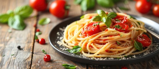 Wall Mural - Plate of Spaghetti With Tomatoes and Basil