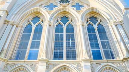 Poster - A cream-colored Romanesque style cathedral with three grand windows. each showcasing detailed Romanesque arches. 