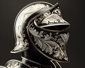 A black and gold ornate knight's helmet with white engravings.