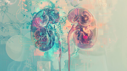 a detailed illustration of two realistic human kidneys. one on the left and another on the right sid