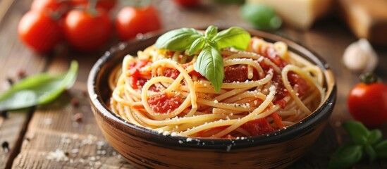 Wall Mural - Bowl of Spaghetti With Tomatoes and Basil