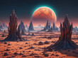 A barren rocky alien landscape with a large red moon in the sky. The scene with rocks and other elements reminiscent of a desert or a fantasy world.