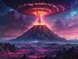 A dramatic scene of a volcano with a mushroom-shaped cloud of fire rising from it. The fire appears to be spreading across the mountain, creating a visually striking and otherworldly landscape.