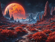 A desert alien landscape with a red moon visible in the sky. The terrain is covered in red brush, and there is a path leading into the distance.