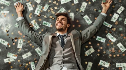 Successful businessman lying on the floor and surrounded by money.