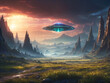 A landscape with mountains in the background and an alien ship flying over the terrain.