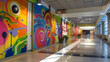 A dynamic graffiti on the wall of a community center. displaying radiant tints and patterns that enhance the metropolitan design.