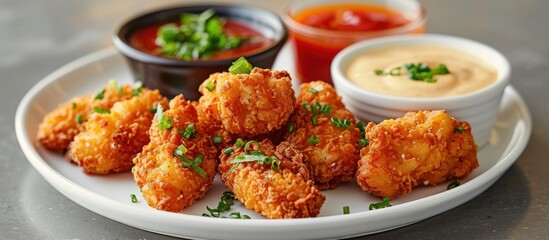 Wall Mural - Fried Chicken Nuggets With Dipping Sauces