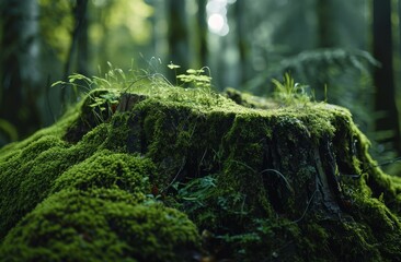 Canvas Print - Moss-covered tree stump in a lush green forest