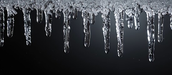 icicles dangle formed by frozen water dripping and freezing in the winter cold.