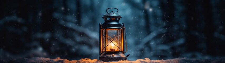 Wall Mural - Vintage lantern glowing in a snowy winter night