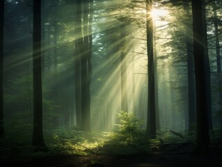 Wall Mural - Sunlight streaming through a misty forest