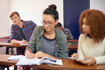 Poster - College student, man and copying test in classroom with reading, question paper and answers at campus. Person, cheating and writing exam with women, info and assessment for education at university
