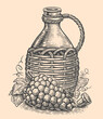 Wine jar with grape branch. Hand drawn sketch vector illustration in vintage engraving style