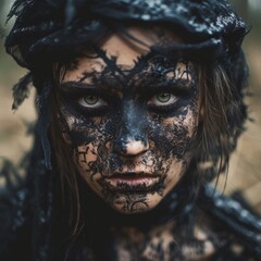 Sticker - intense portrait of a person with dramatic black makeup and textured adornments