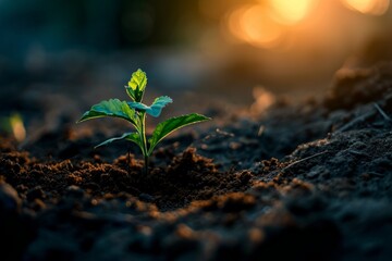 Wall Mural - Young plant sprouting from soil at sunset