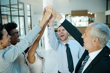 Wall Mural - Business people, high five and hands for celebration, teamwork, and collaboration for success of work goal. Diverse, team and happiness with meeting, motivation and victory from company challenge