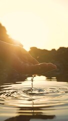 Wall Mural - LENS FLARE, VERTICAL: Glistening drops form a pattern as they fall into puddle. Golden sunbeams peep through a human hand that scoops water in sea puddle formed at low tide on rocky Adriatic shore.