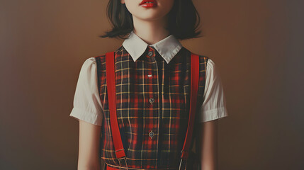 A girl wearing a school uniform. a sleeveless plaid dress with red suspenders and a white collared shirt underneath 