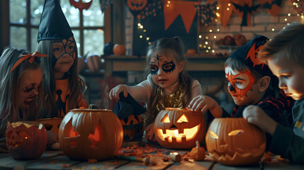 Wall Mural - A group of children dressed in Halloween costumes with faces painted. sitting around pumpkins and having fun at a table at home. The background is decorated for Halloween with banners 