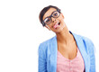 Tongue out, funny and portrait of black woman in studio with glasses for trendy, stylish and cool fashion. Goofy, mockup and female person with silly face expression isolated by white background.