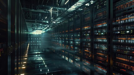 Wall Mural - A panoramic view of a statistical data center with servers processing and storing vast amounts of information.
