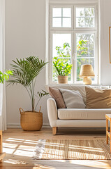 Wall Mural - Elegant living room in Scandinavian style with light wood floor. A light sofa with a blanket and pillows, a floor lamp and flowers in a vase.