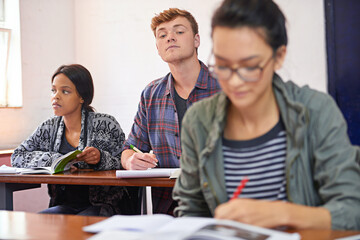 Poster - University student, man and copying test in classroom with reading, question paper and answers at campus. Person, cheating and exam with women, information and assessment for education at college