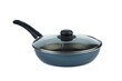 New skillet with plastic black handle and glass lid on a white background.
