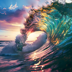 Wall Mural - breaking colorful ocean wave falling down at sunset time