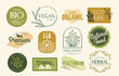 Set of delicate eco friendly logos. Hand drawn illustrations or icons for organic products and natural farm food. Labels for premium bio grocery. Cartoon flat vector collection isolated on background