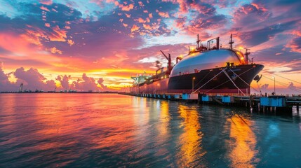 LNG Tanker Ship Docked at Sunset Port with Loading Arms