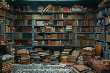 Wall Mural - A bookshelf overflowing with volumes of dreams, waiting to be explored and experienced. Concept of literary imagination. Generative Ai.