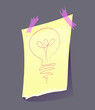 Paper note. Torn sheet of notepad or yellow sticky note with drawn light bulb. Creative idea. Reminders or memo messages on sticker. Cartoon flat vector illustration isolated on gray background