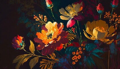 Wall Mural - expressionist floral botanical canvas showcasing a blend of bold colors and dark tones