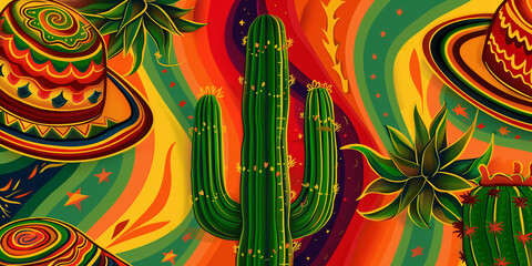 Poster - Cacti in Mexico sombrero. Vibrant cinco de mayo fiesta.